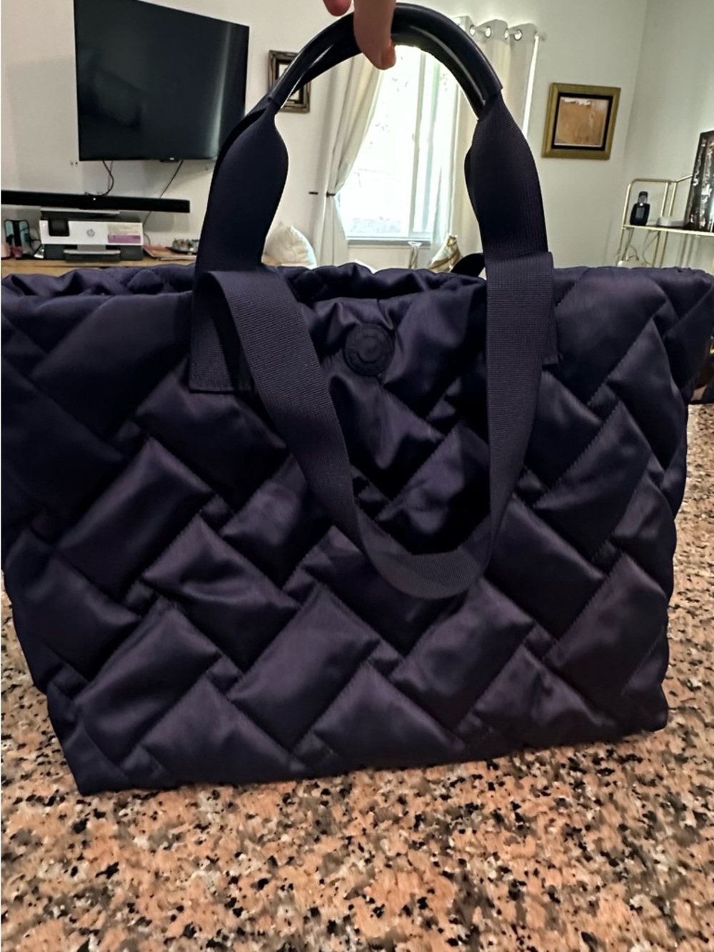 Quilted Navy Tote Bag with Top Handles
